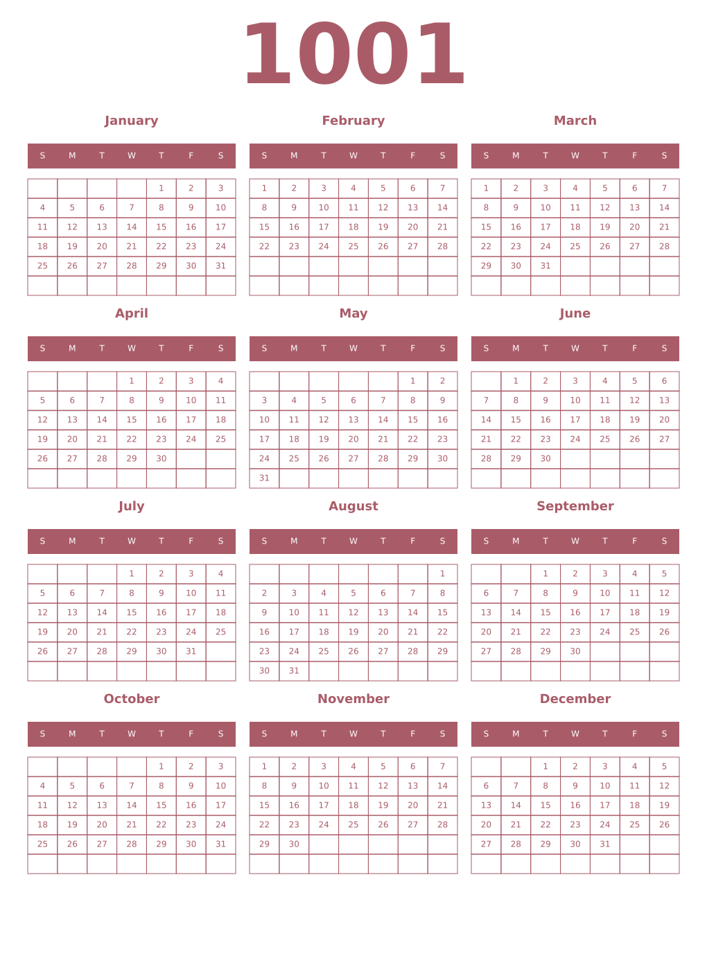 Printable 1001 Year Calendars puce