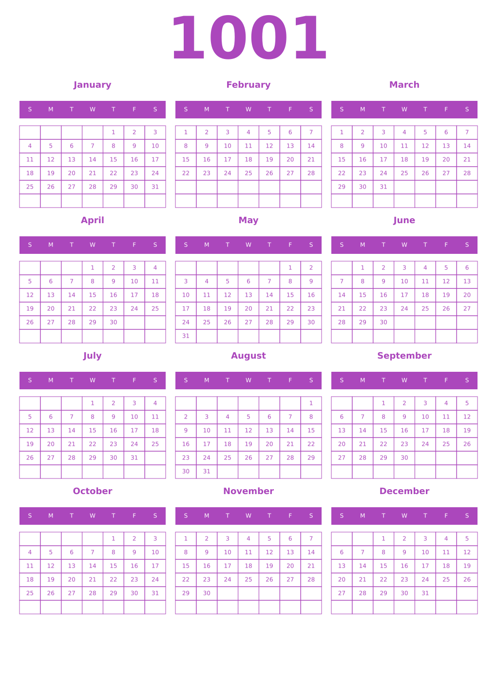 Printable 1001 Year Calendars purple