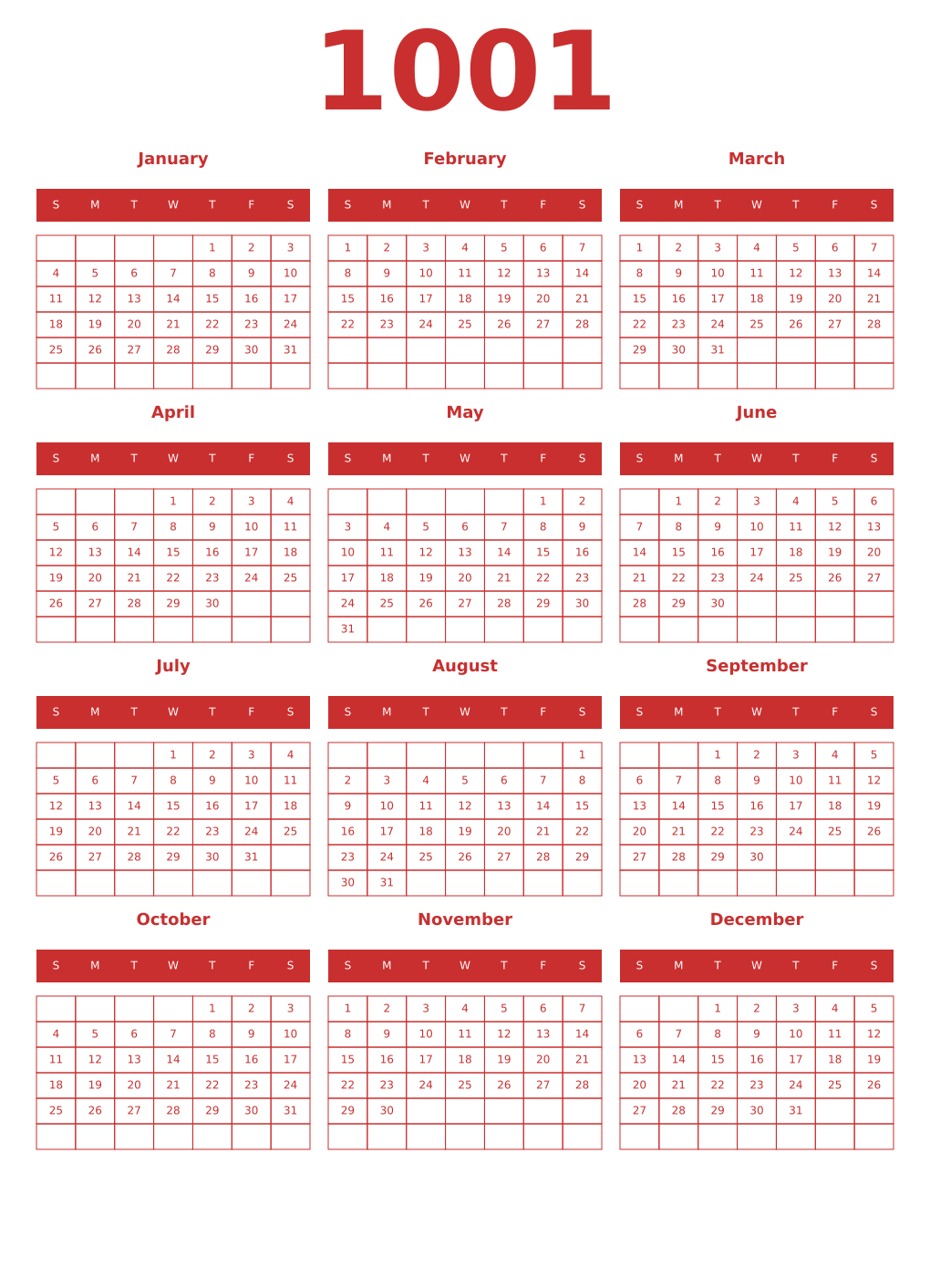 Printable 1001 Year Calendars red