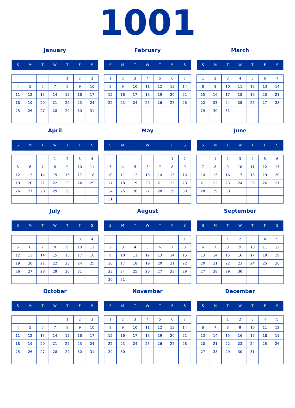 Printable 1001 Year Calendars smalt