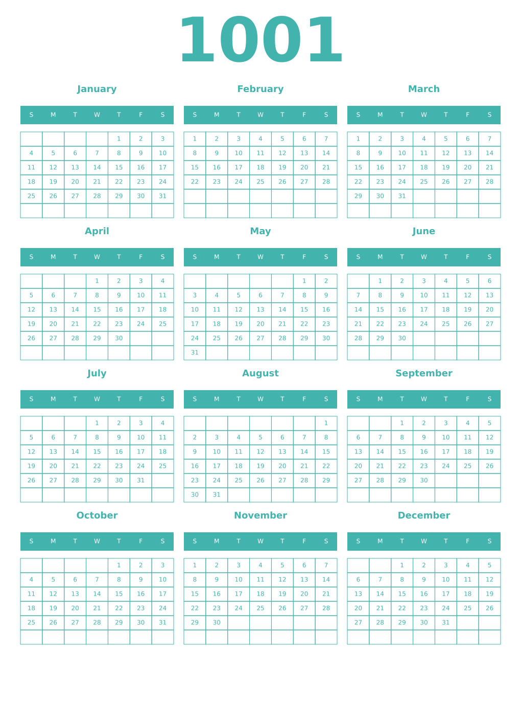 Printable 1001 Year Calendars verdigris