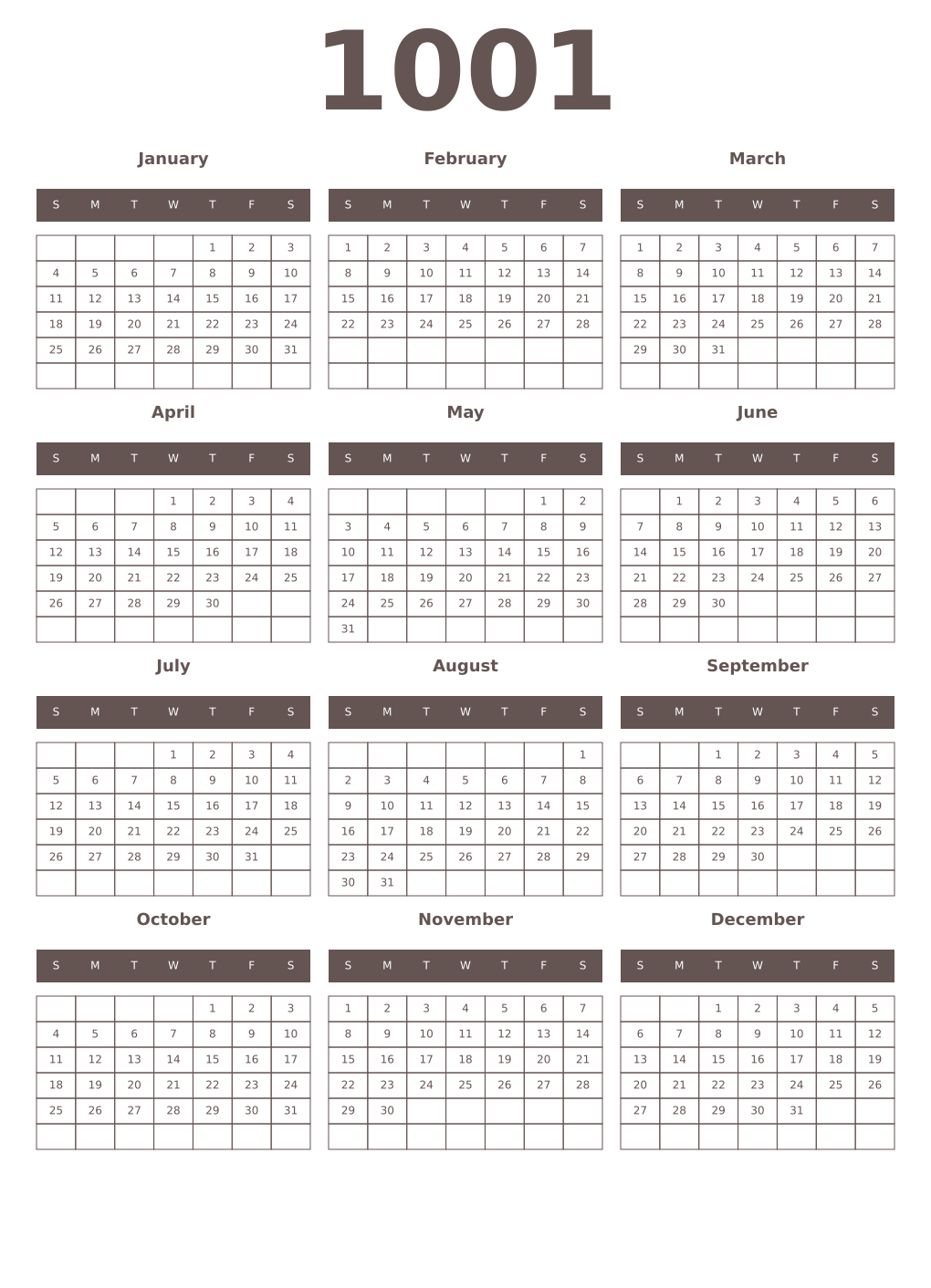 Printable 1001 Year Calendars wenge
