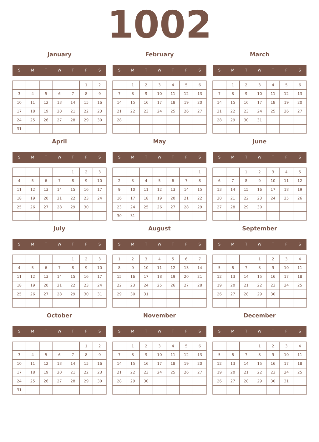 Printable 1002 Year Calendars coffe