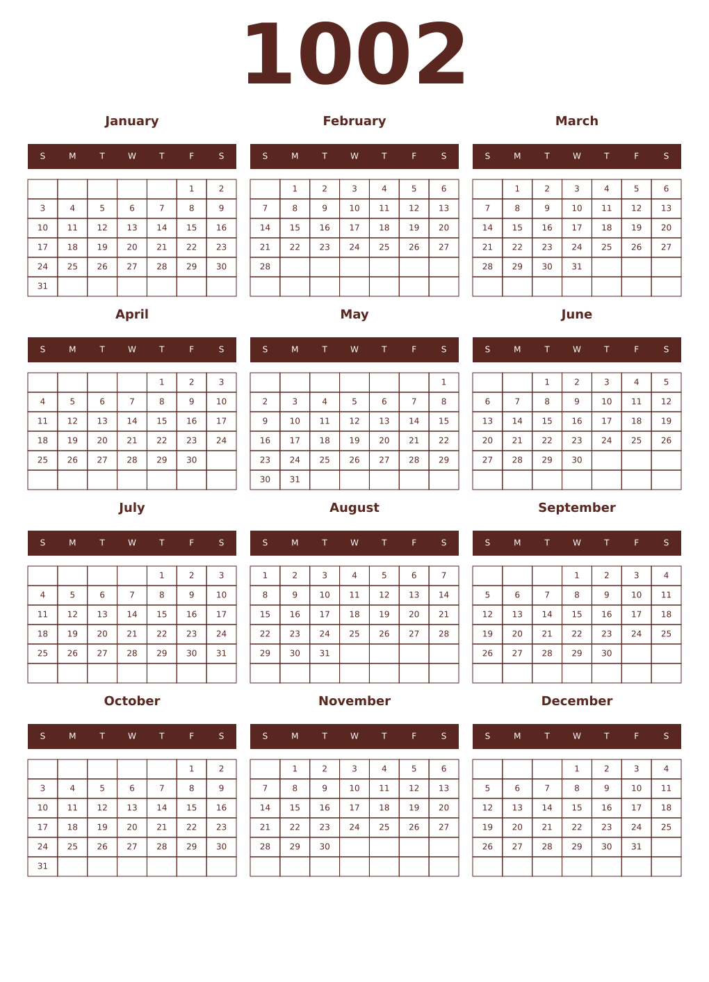 Printable 1002 Year Calendars mortuum