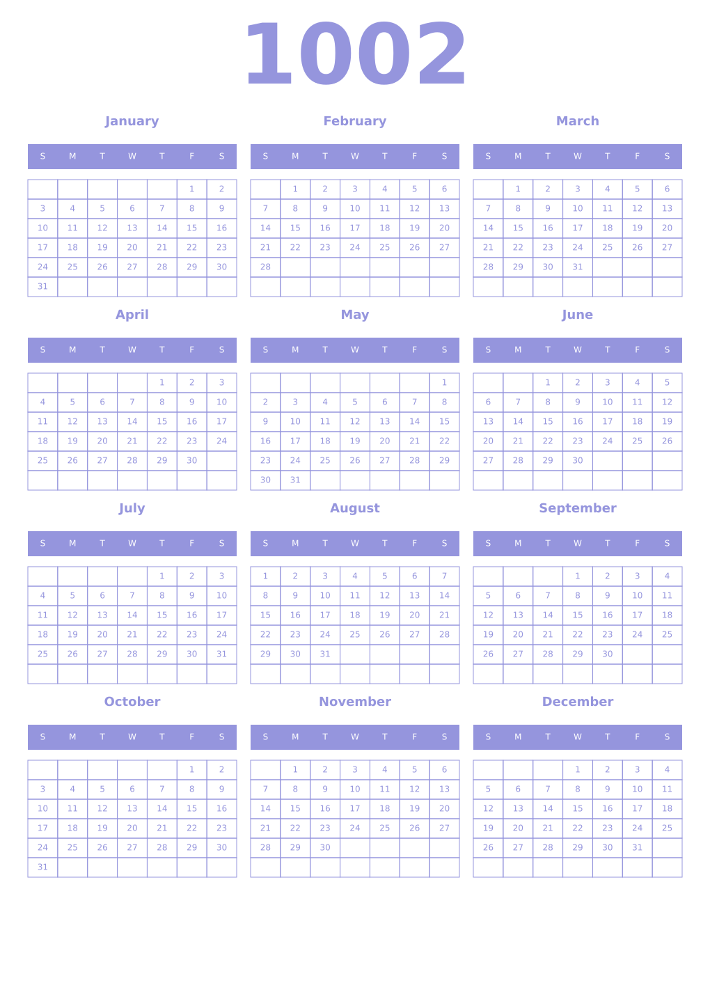 Printable 1002 Year Calendars periwinkle