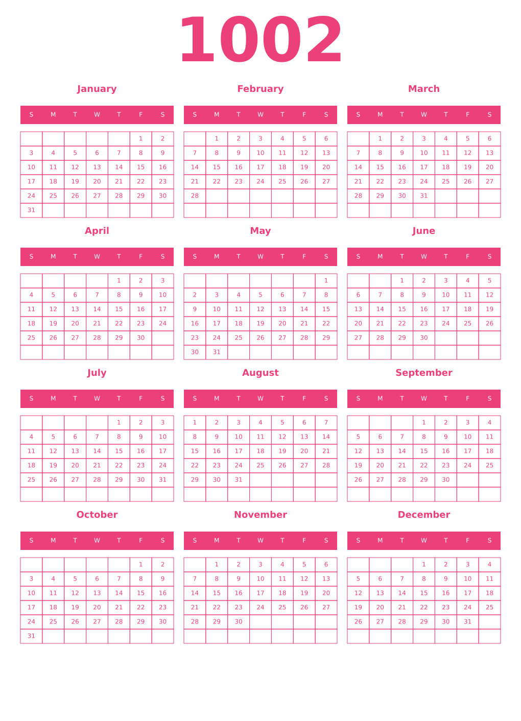 Printable 1002 Year Calendars pink
