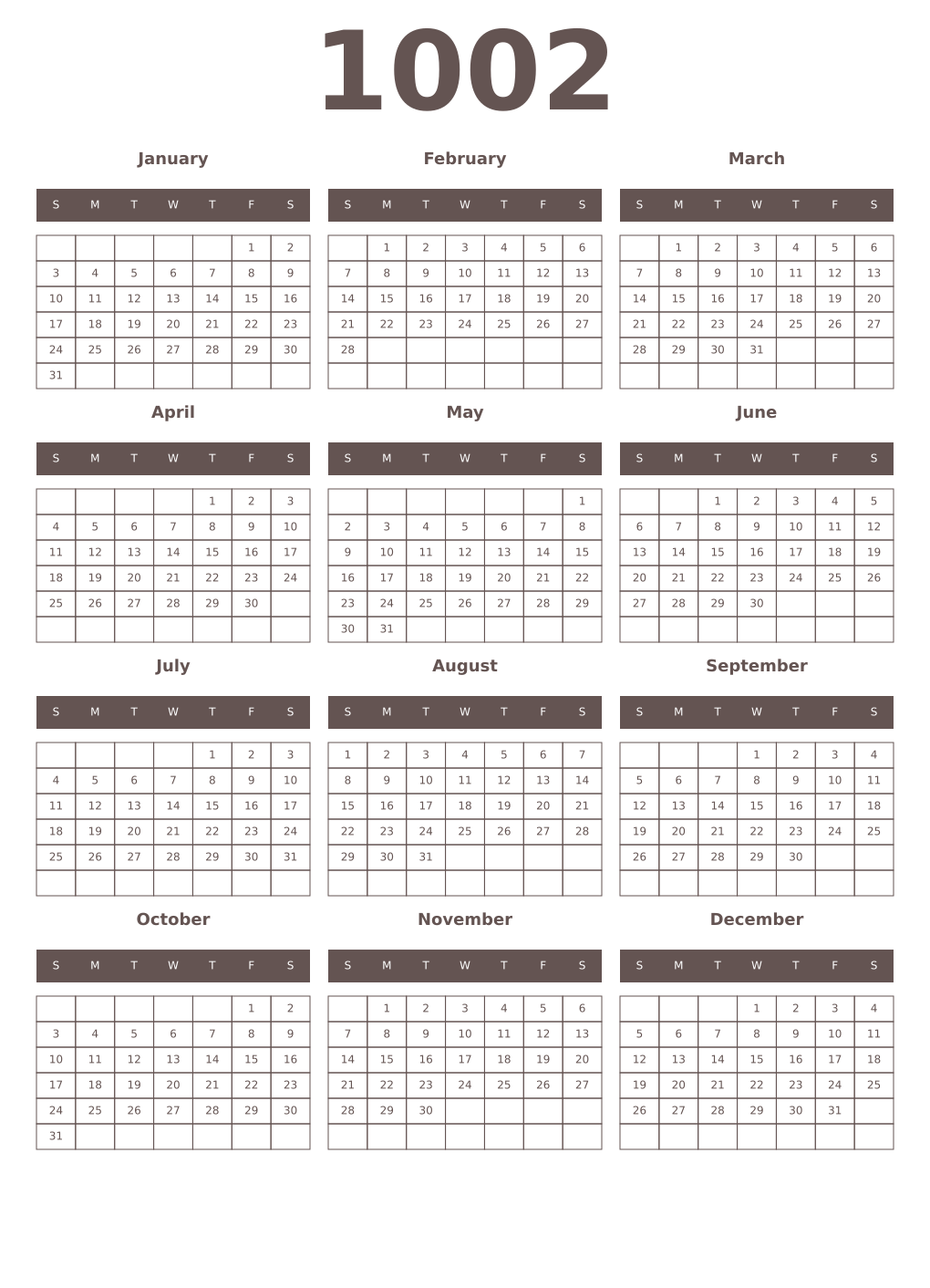 Printable 1002 Year Calendars wenge
