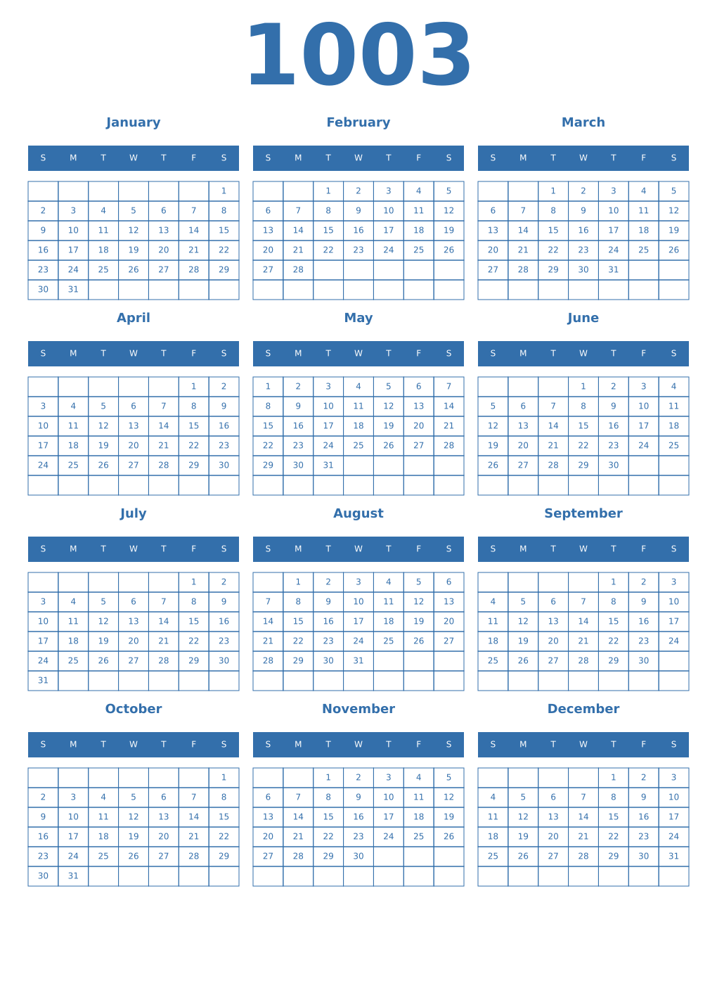 Printable 1003 Year Calendars blue