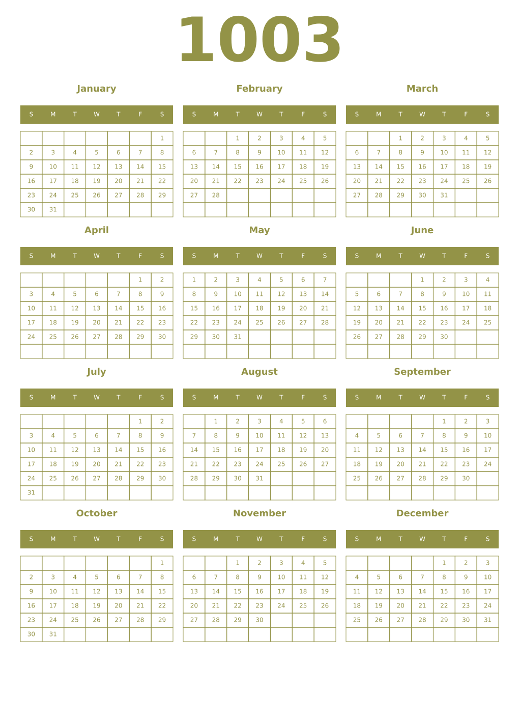 Printable 1003 Year Calendars eburnean