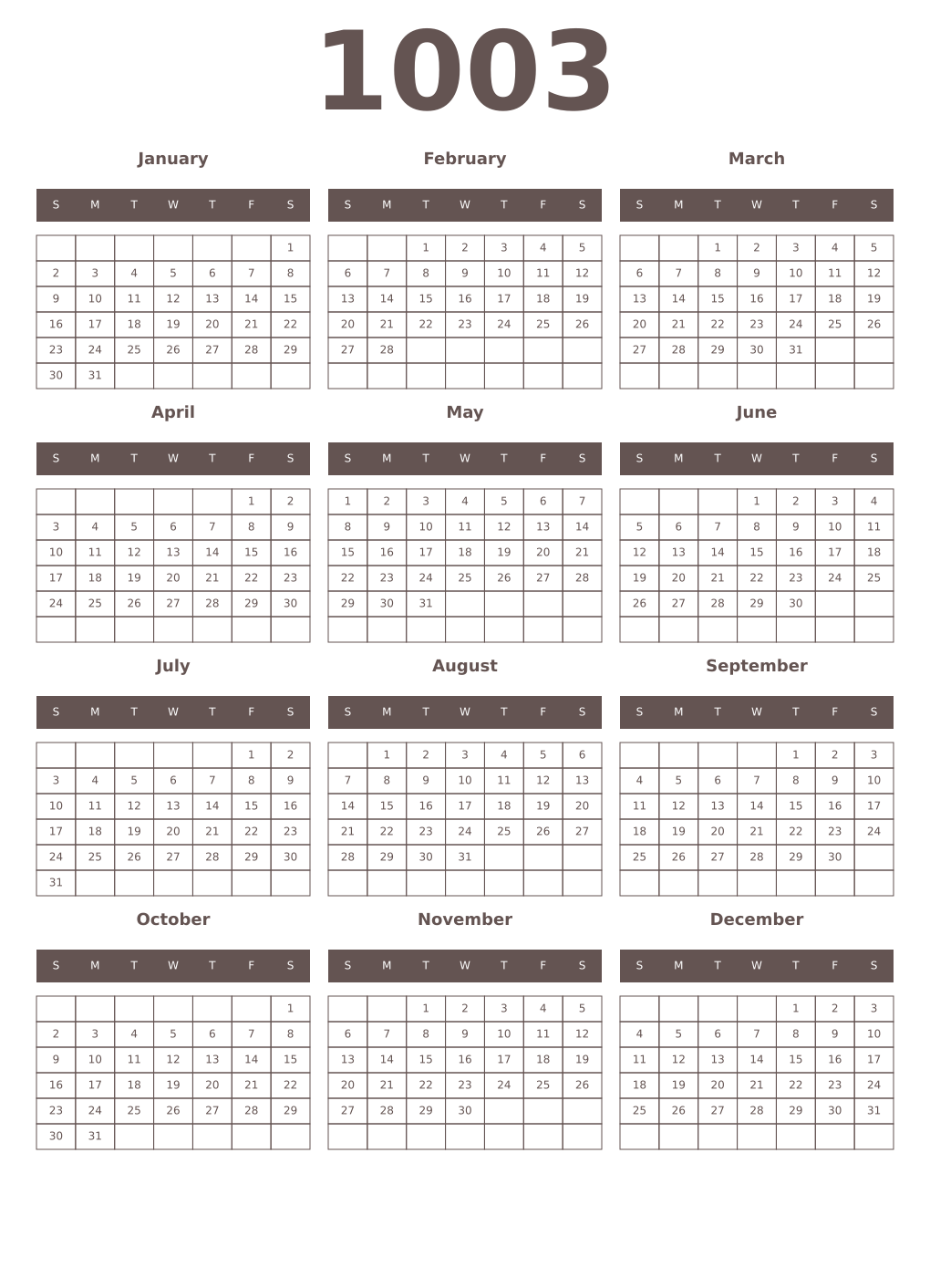 Printable 1003 Year Calendars wenge