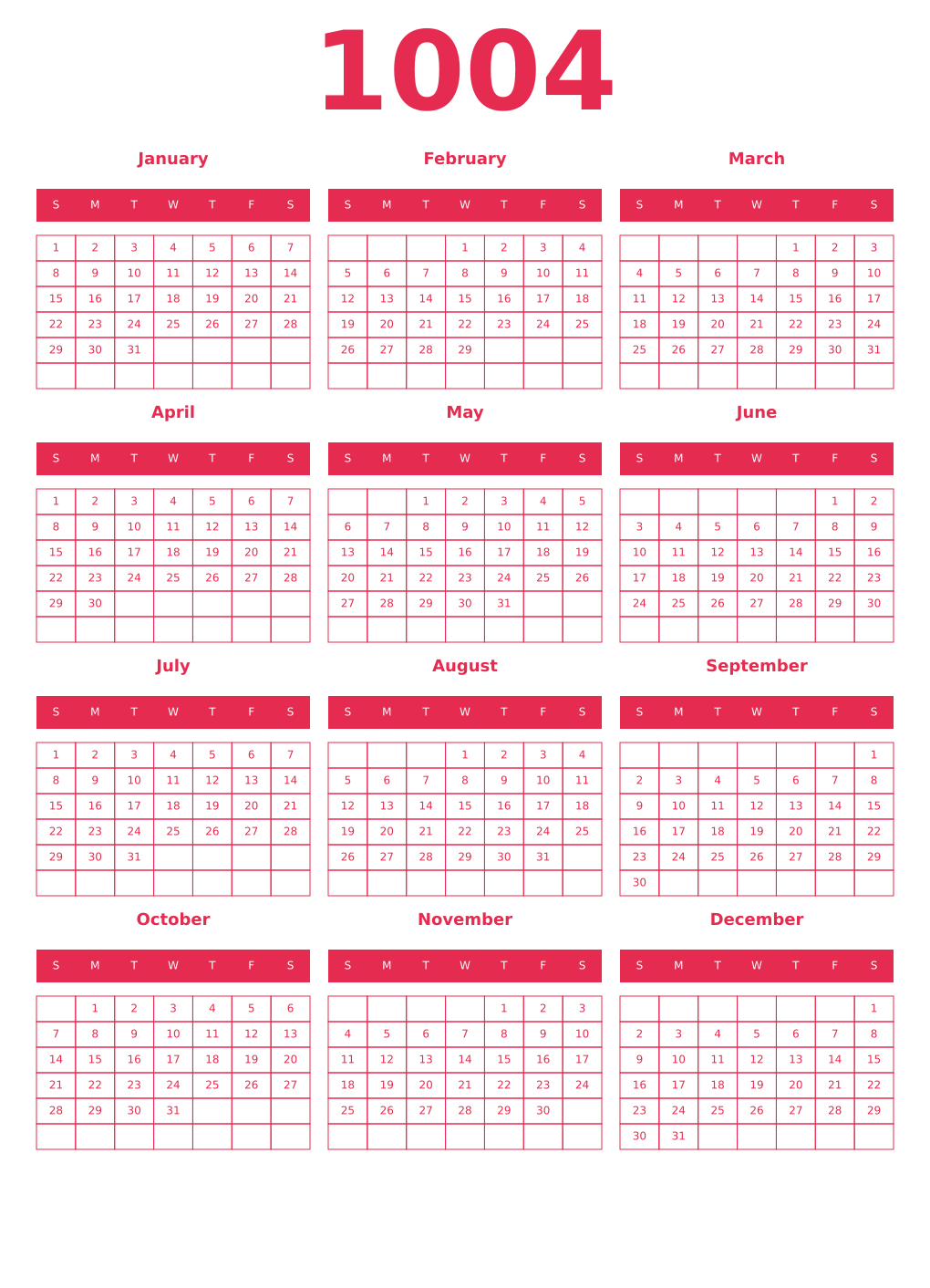 Printable 1004 Year Calendars amaranth