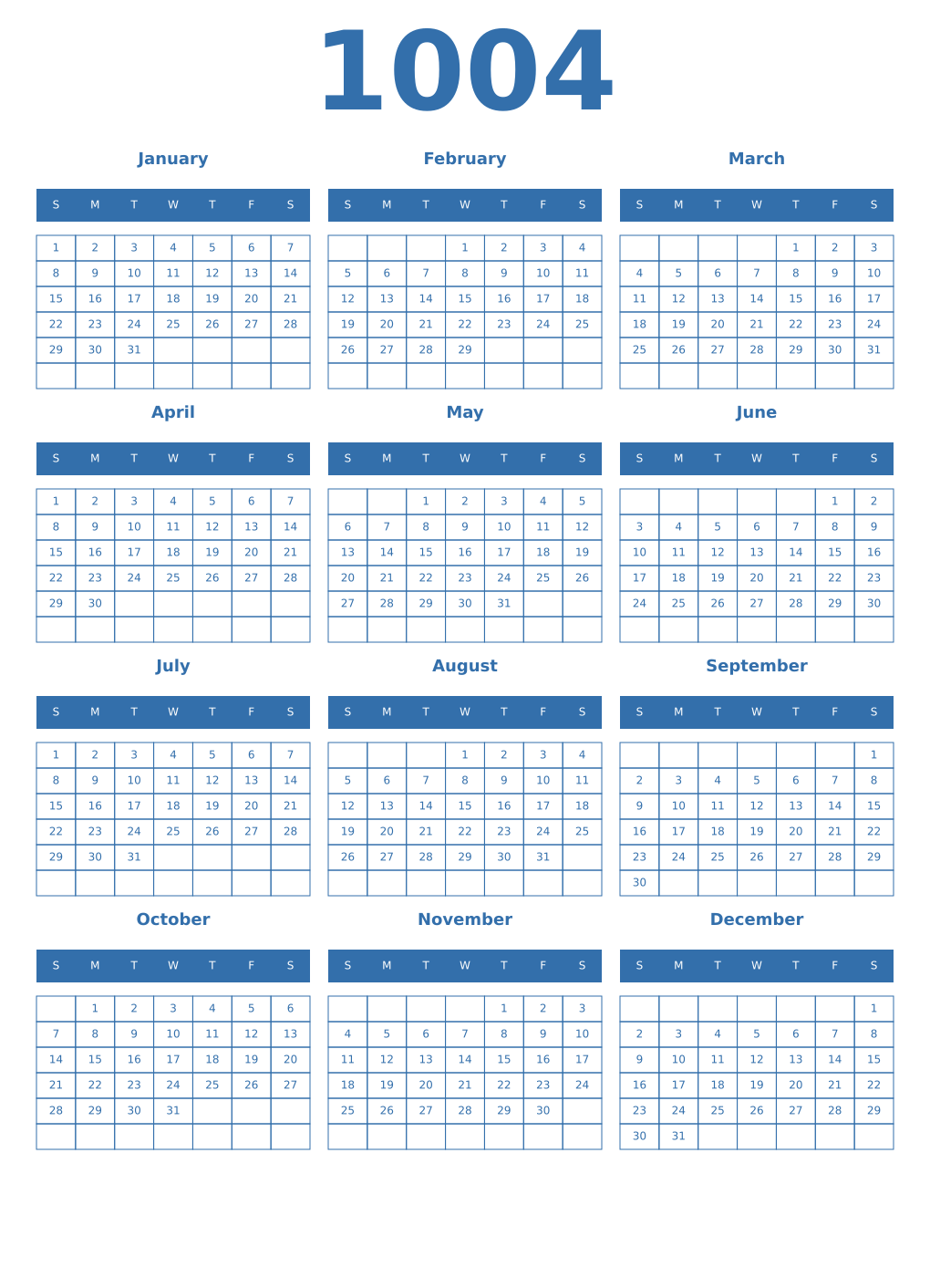 Printable 1004 Year Calendars blue