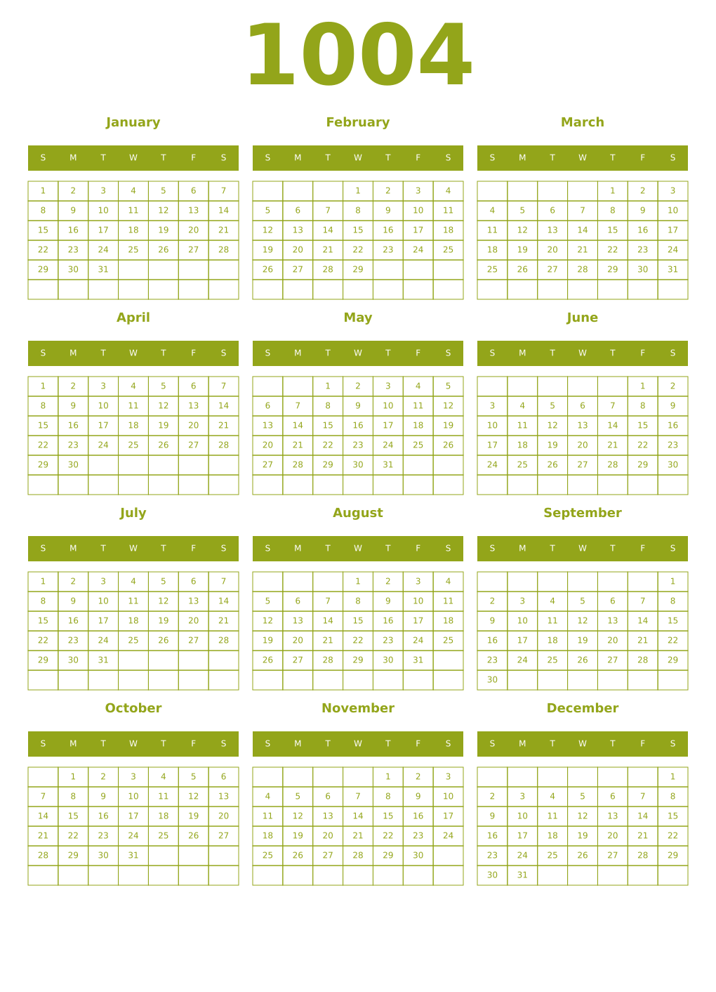 Printable 1004 Year Calendars chartreuse