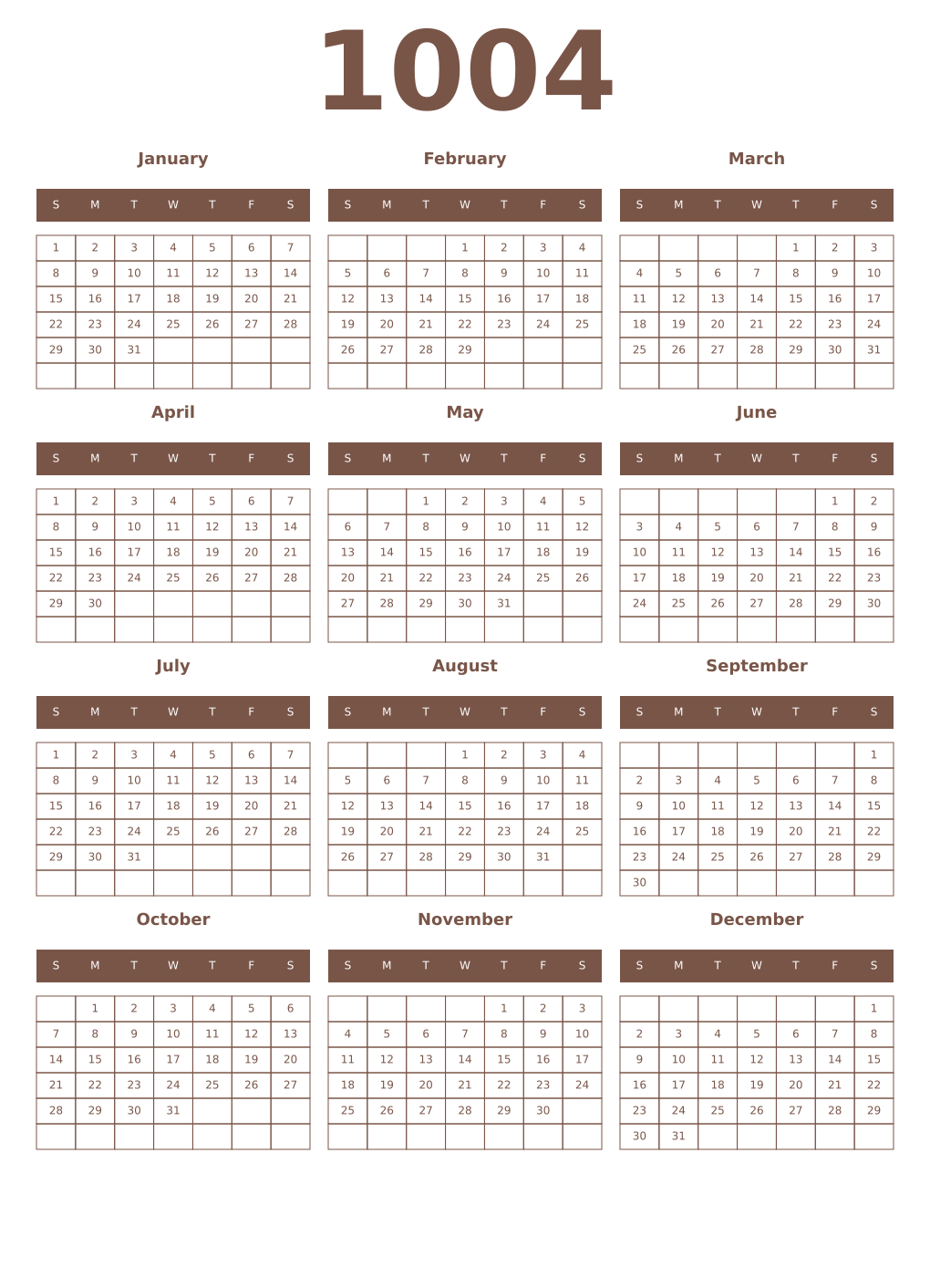 Printable 1004 Year Calendars coffe