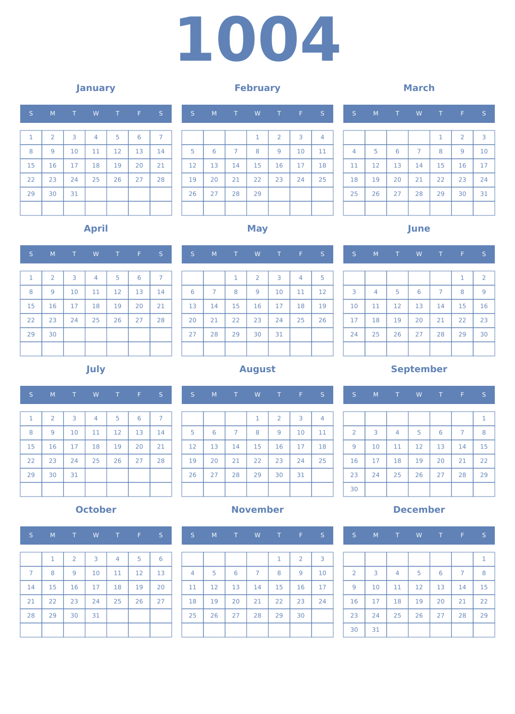 Printable 1004 Year Calendars glaucous
