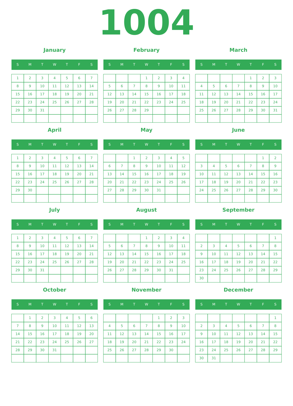 Printable 1004 Year Calendars green