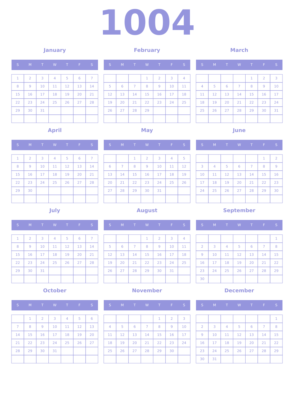 Printable 1004 Year Calendars periwinkle