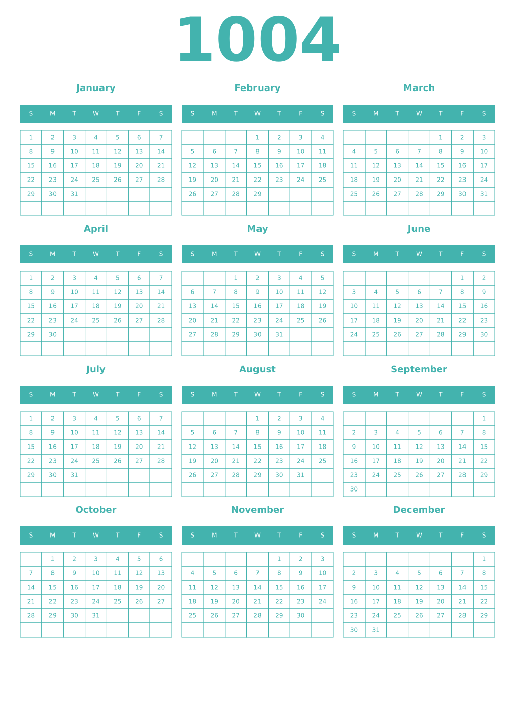 Printable 1004 Year Calendars verdigris