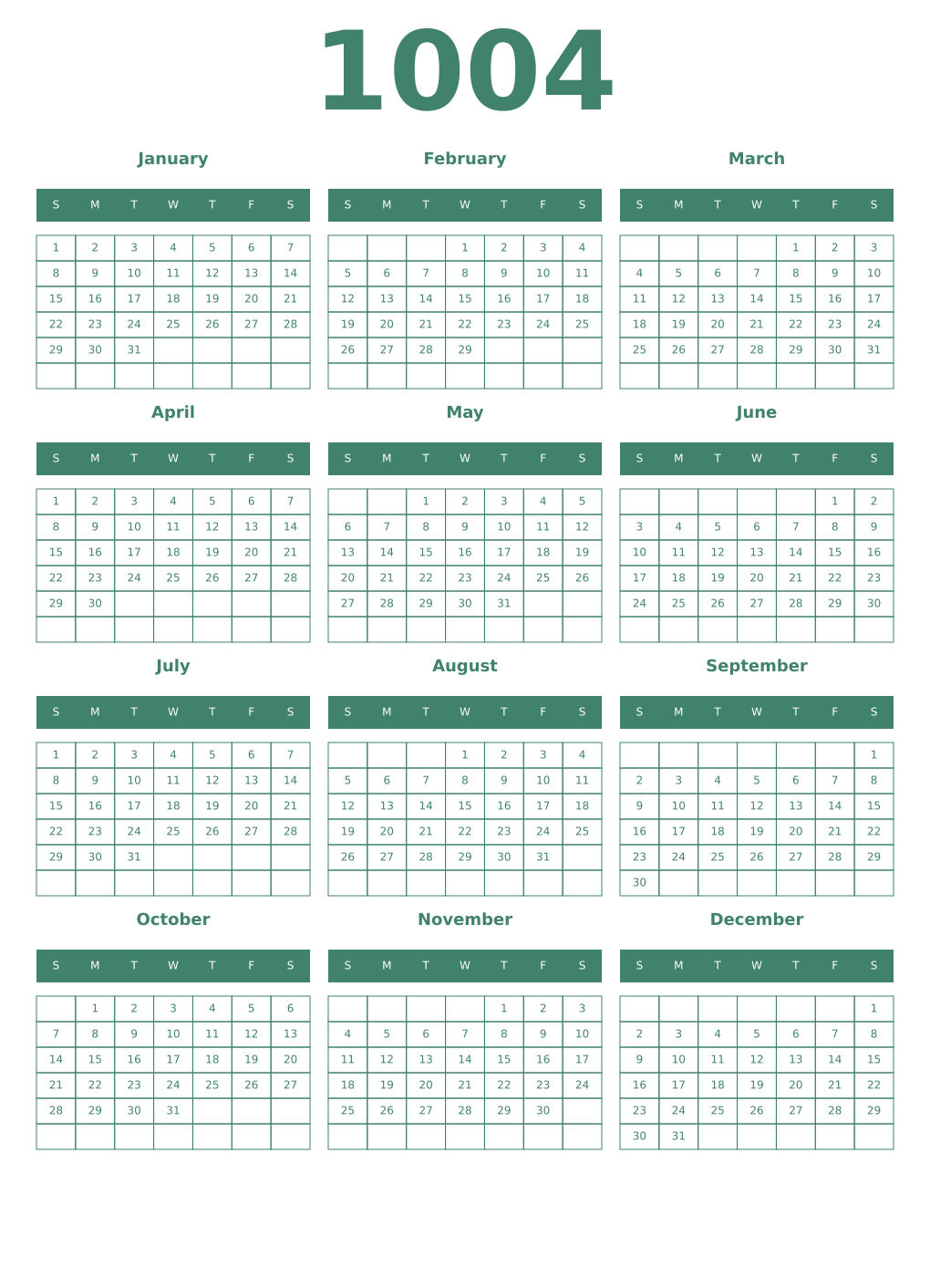 Printable 1004 Year Calendars viridian