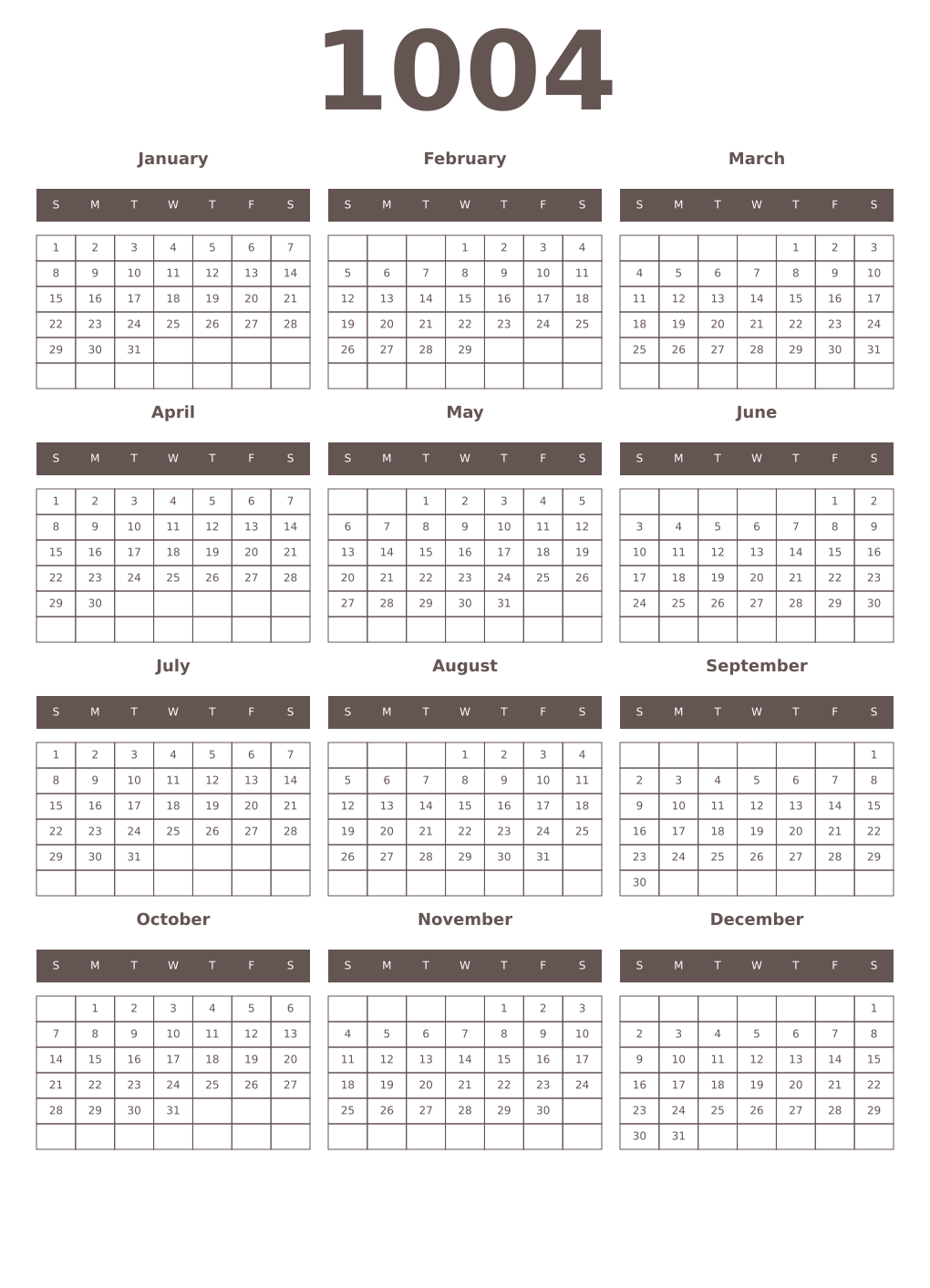Printable 1004 Year Calendars wenge