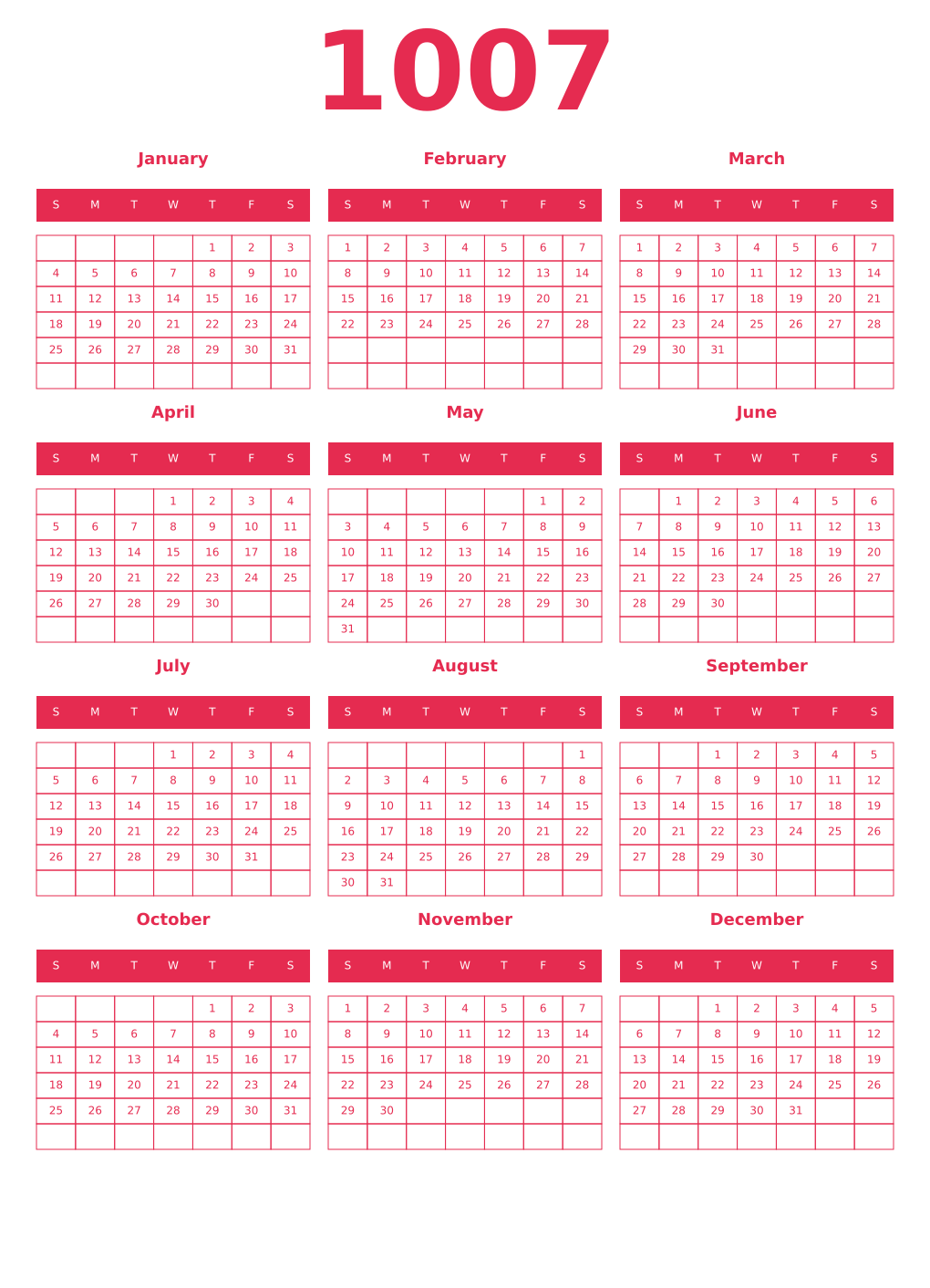 Printable 1007 Year Calendars amaranth