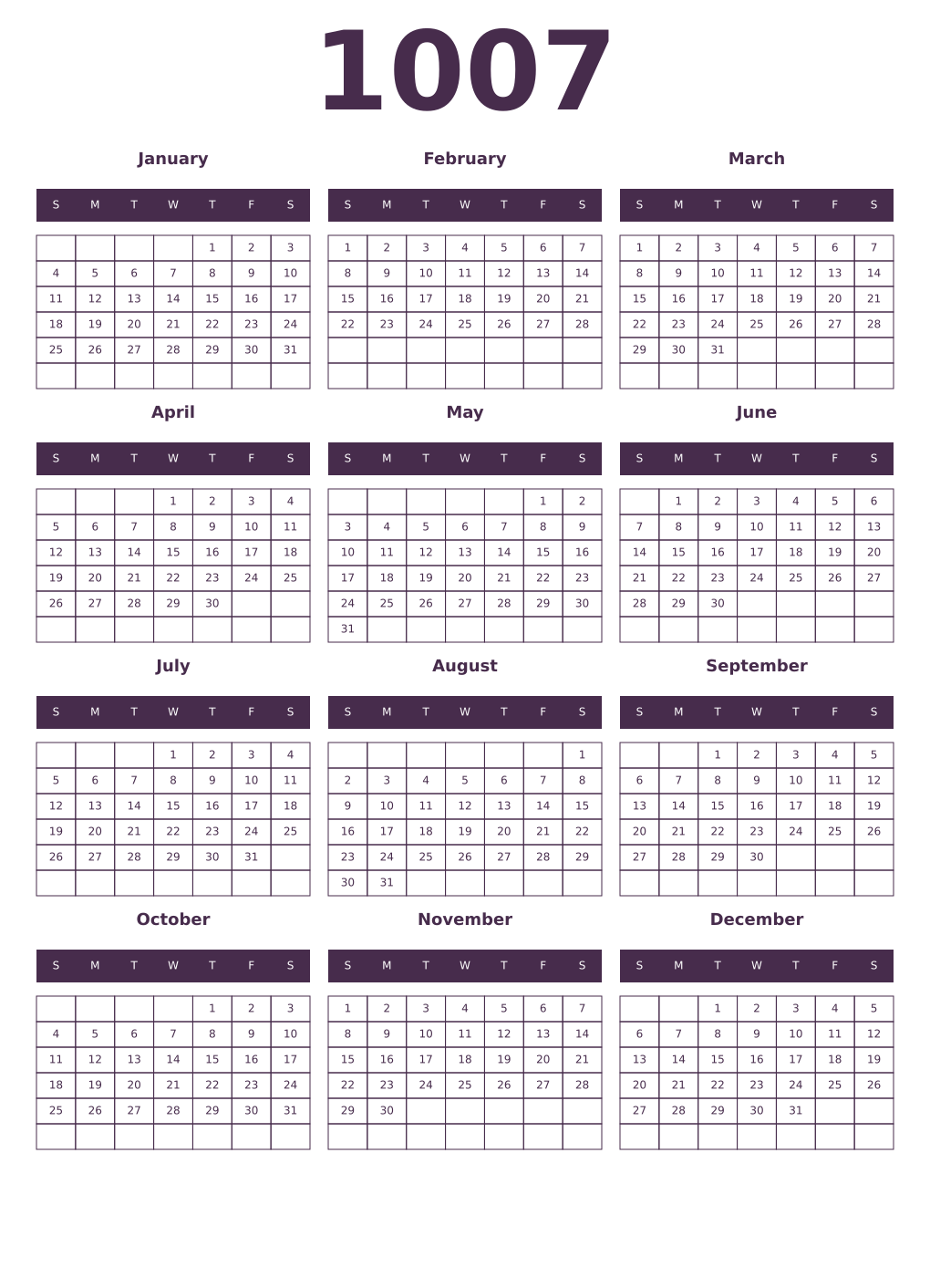 Printable 1007 Year Calendars aubergine