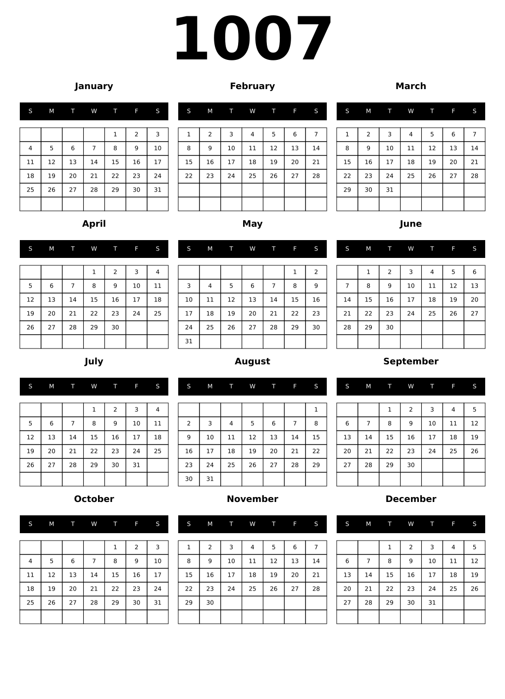Printable 1007 Year Calendars black