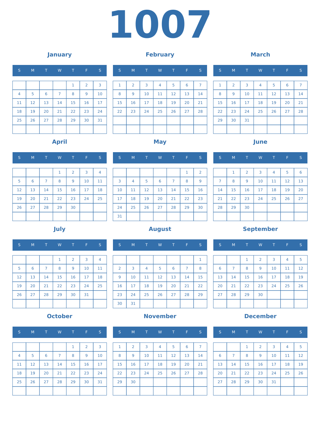Printable 1007 Year Calendars blue