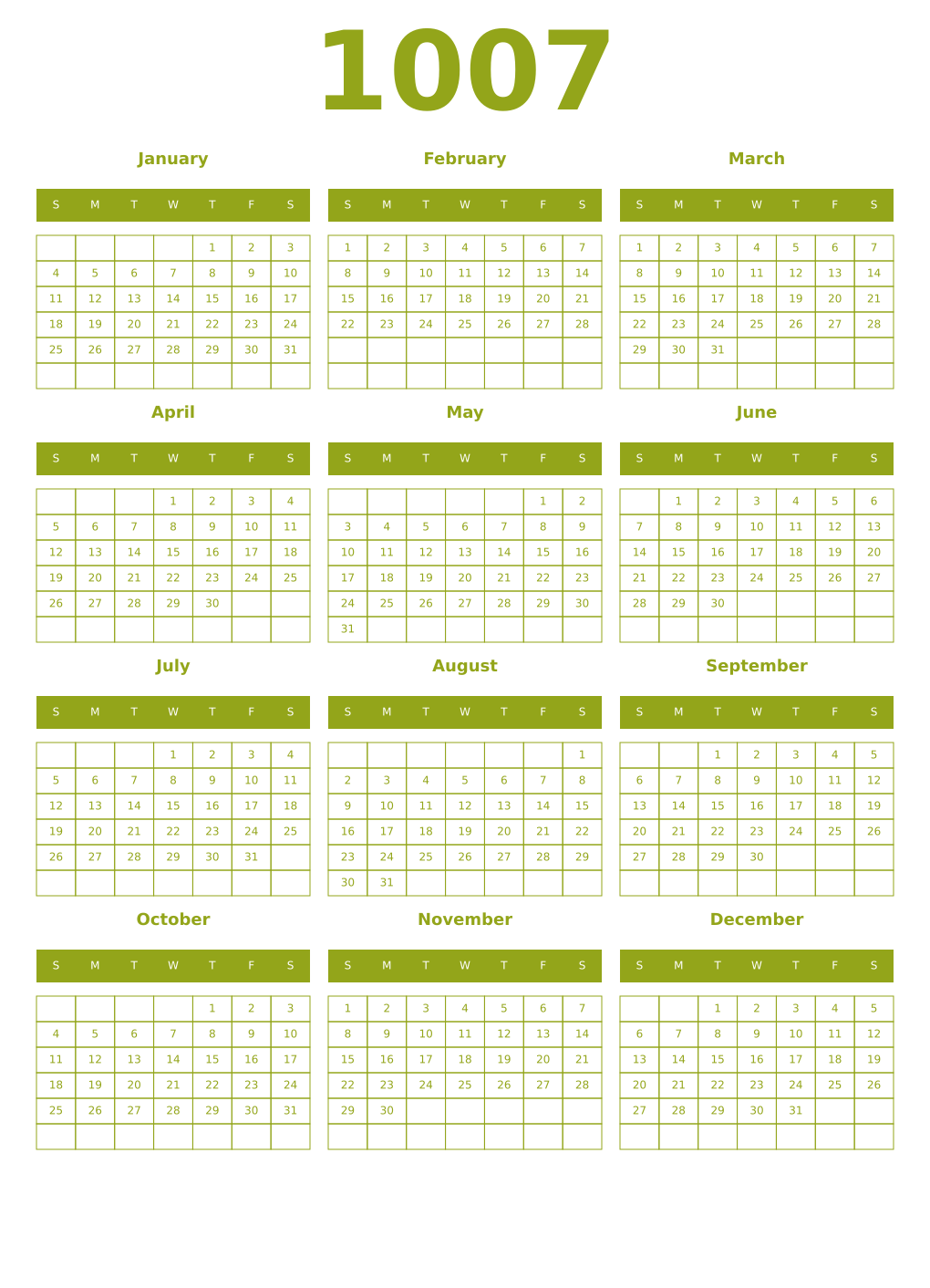 Printable 1007 Year Calendars chartreuse