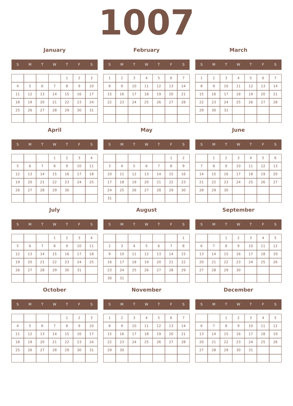 Printable 1007 Year Calendars coffe