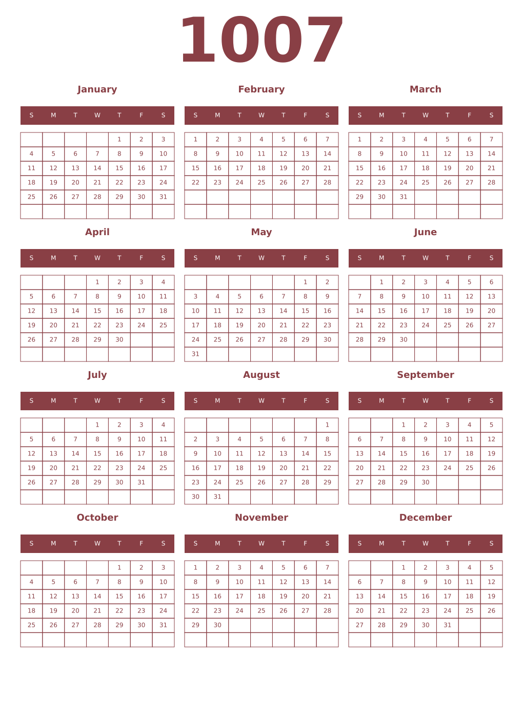 Printable 1007 Year Calendars cordovan
