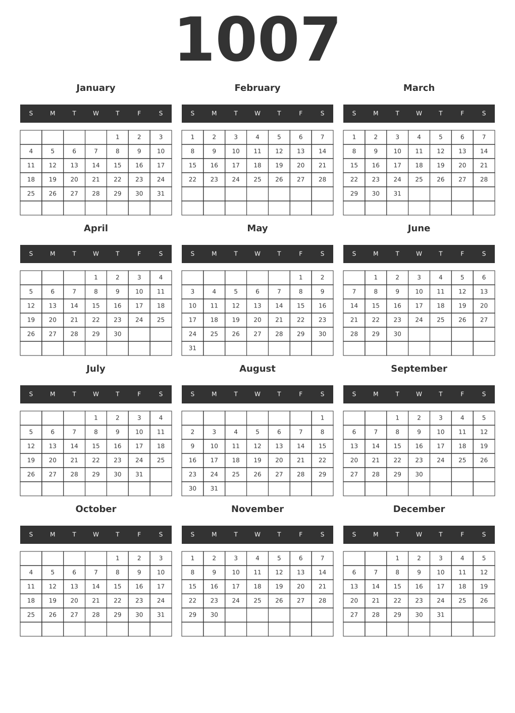 Printable 1007 Year Calendars dark