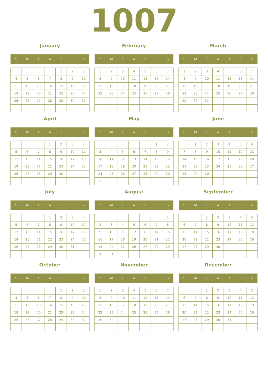 Printable 1007 Year Calendars eburnean
