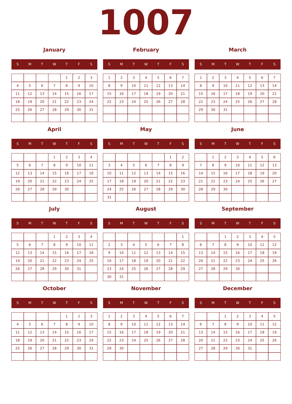 Printable 1007 Year Calendars falu