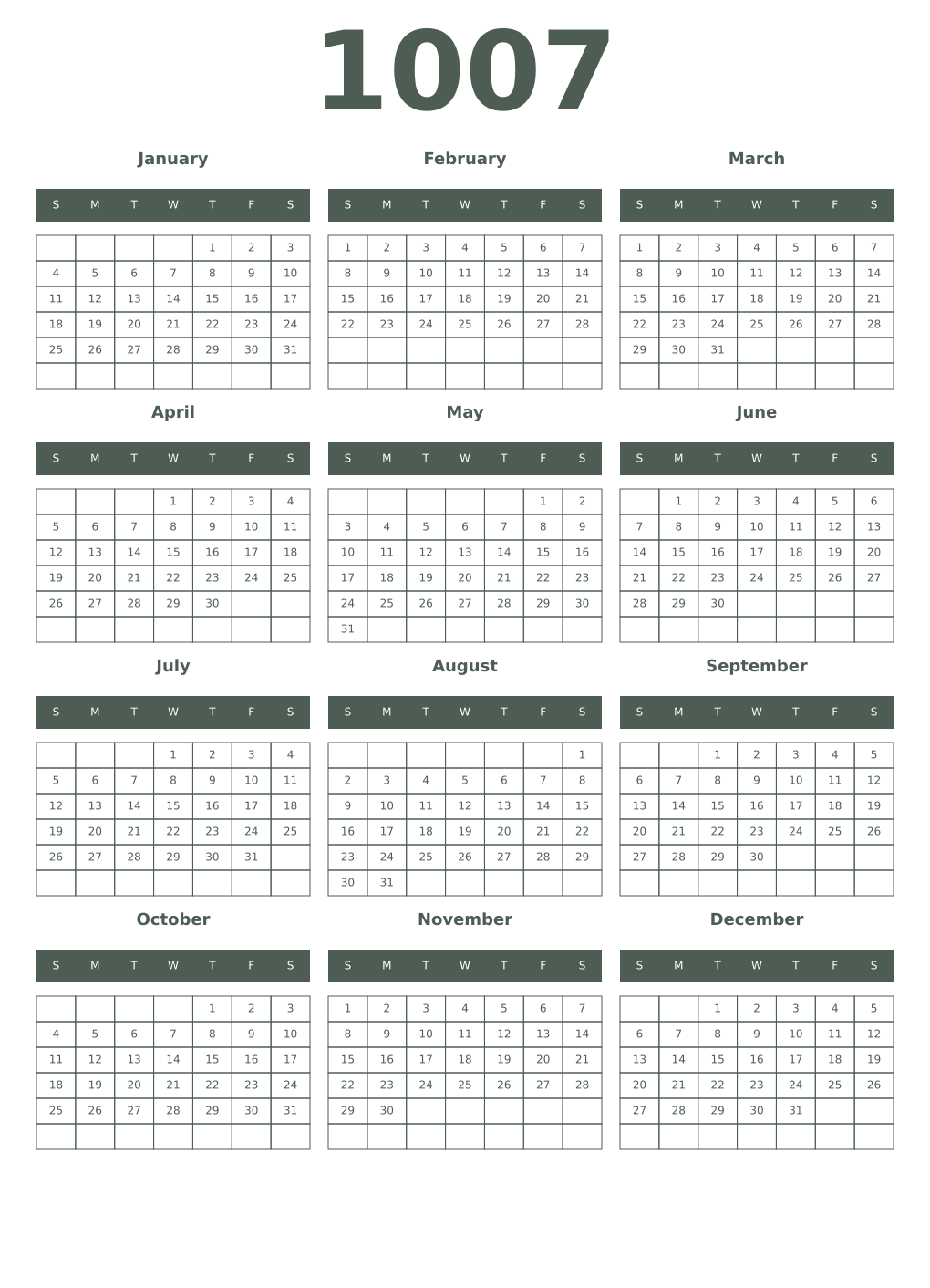 Printable 1007 Year Calendars feldgrau