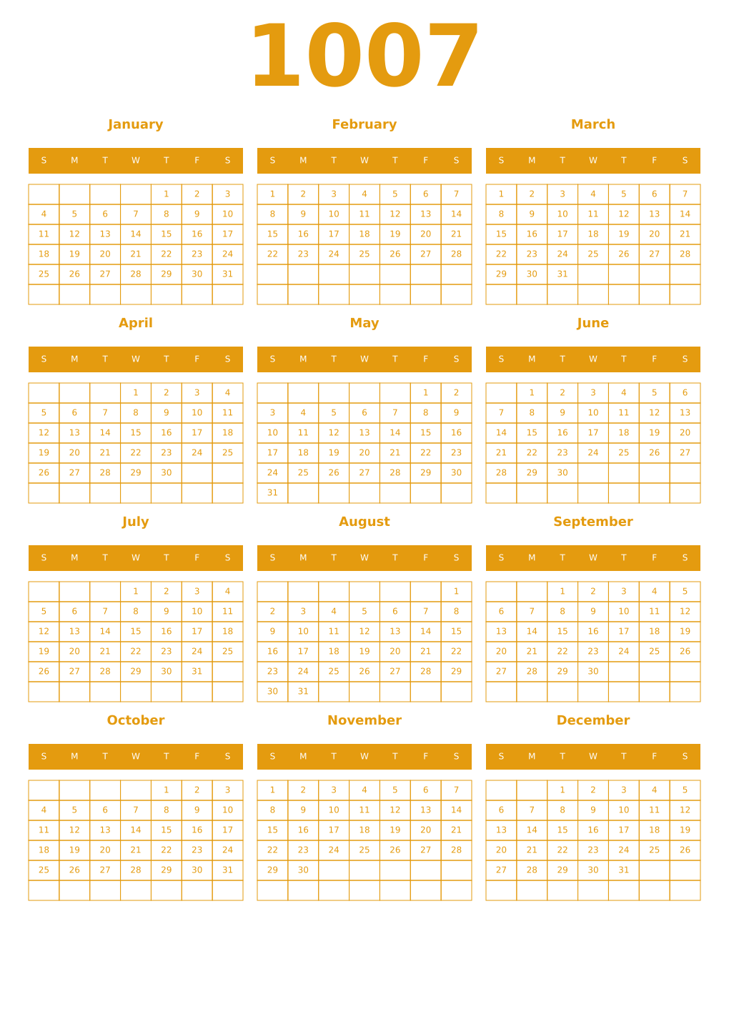 Printable 1007 Year Calendars gamboge