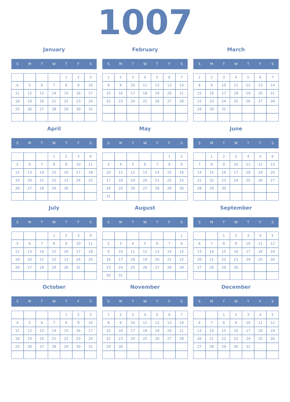 Printable 1007 Year Calendars glaucous