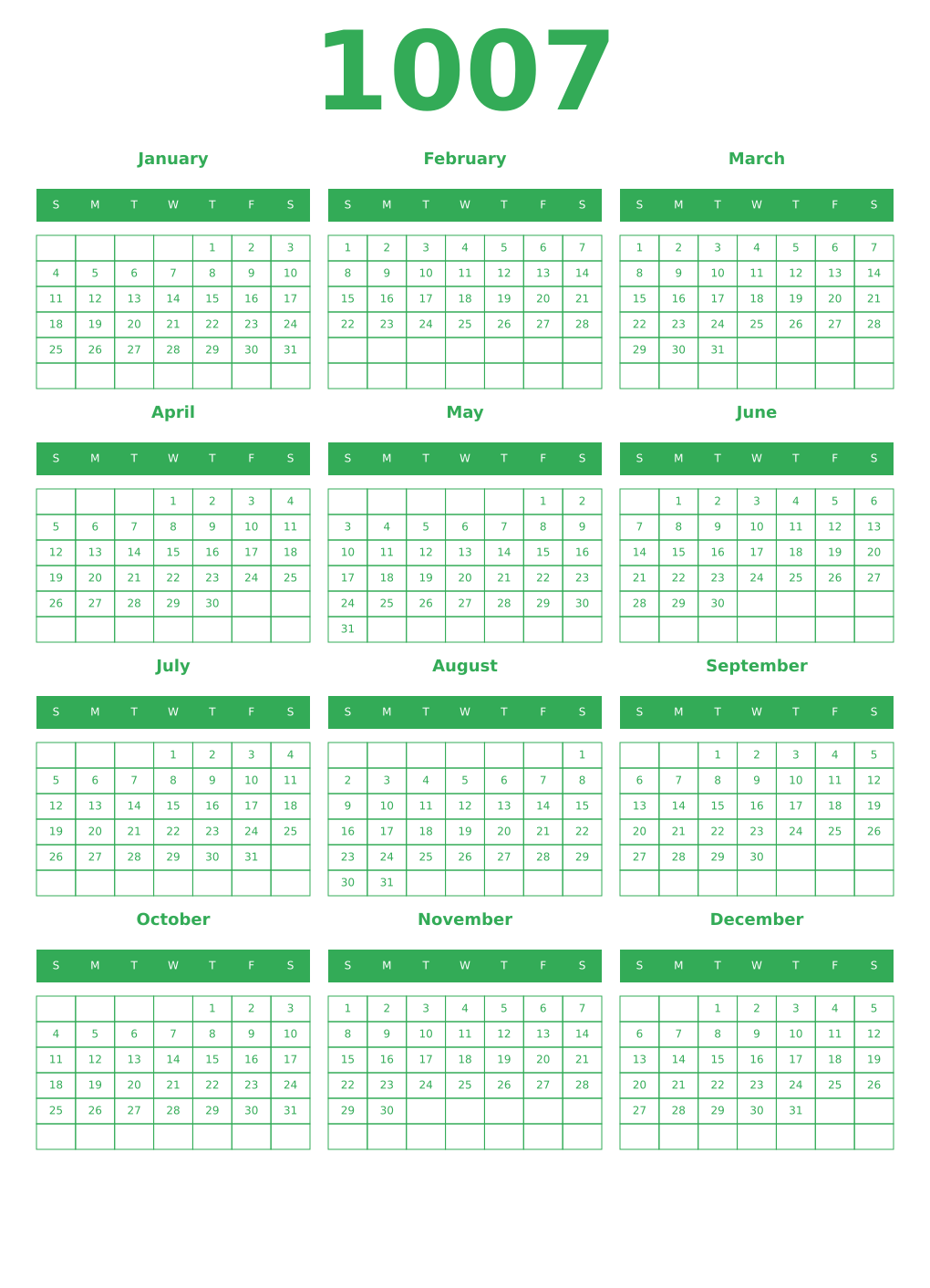 Printable 1007 Year Calendars green