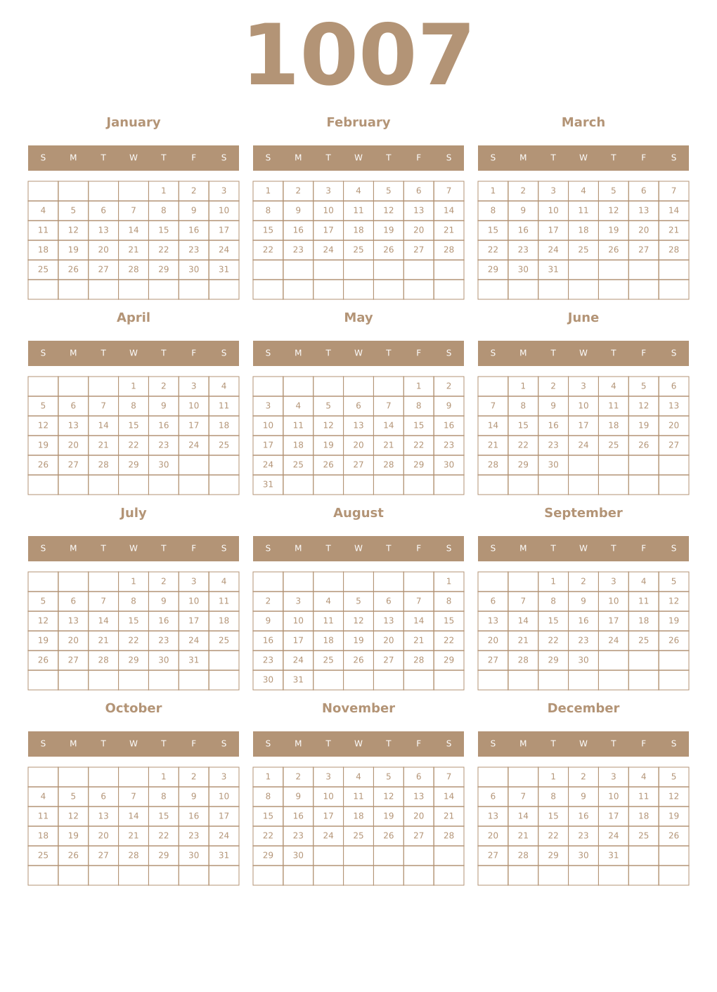 Printable 1007 Year Calendars isabelline