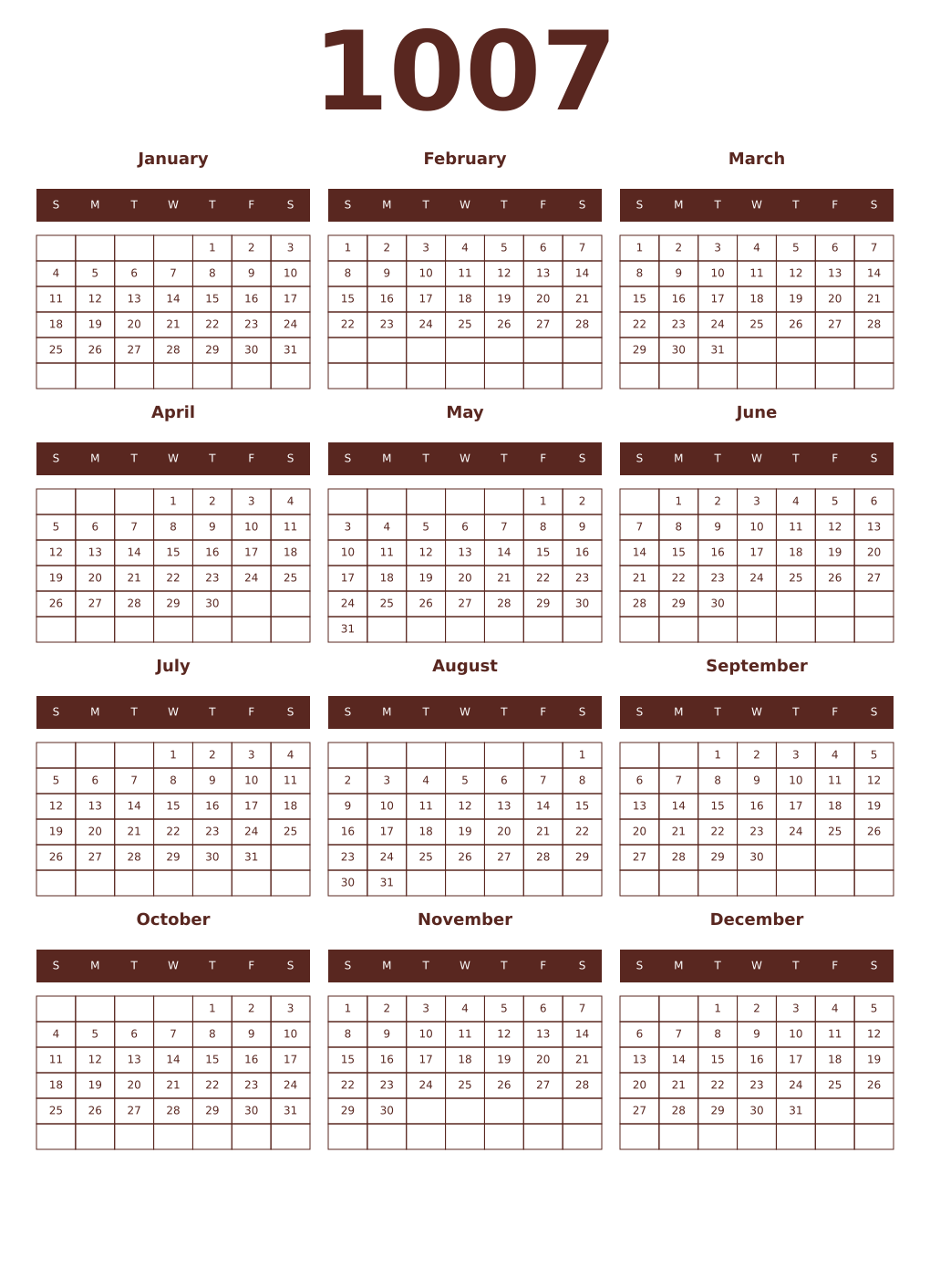 Printable 1007 Year Calendars mortuum