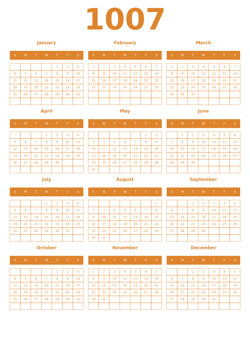 Printable 1007 Year Calendars orange