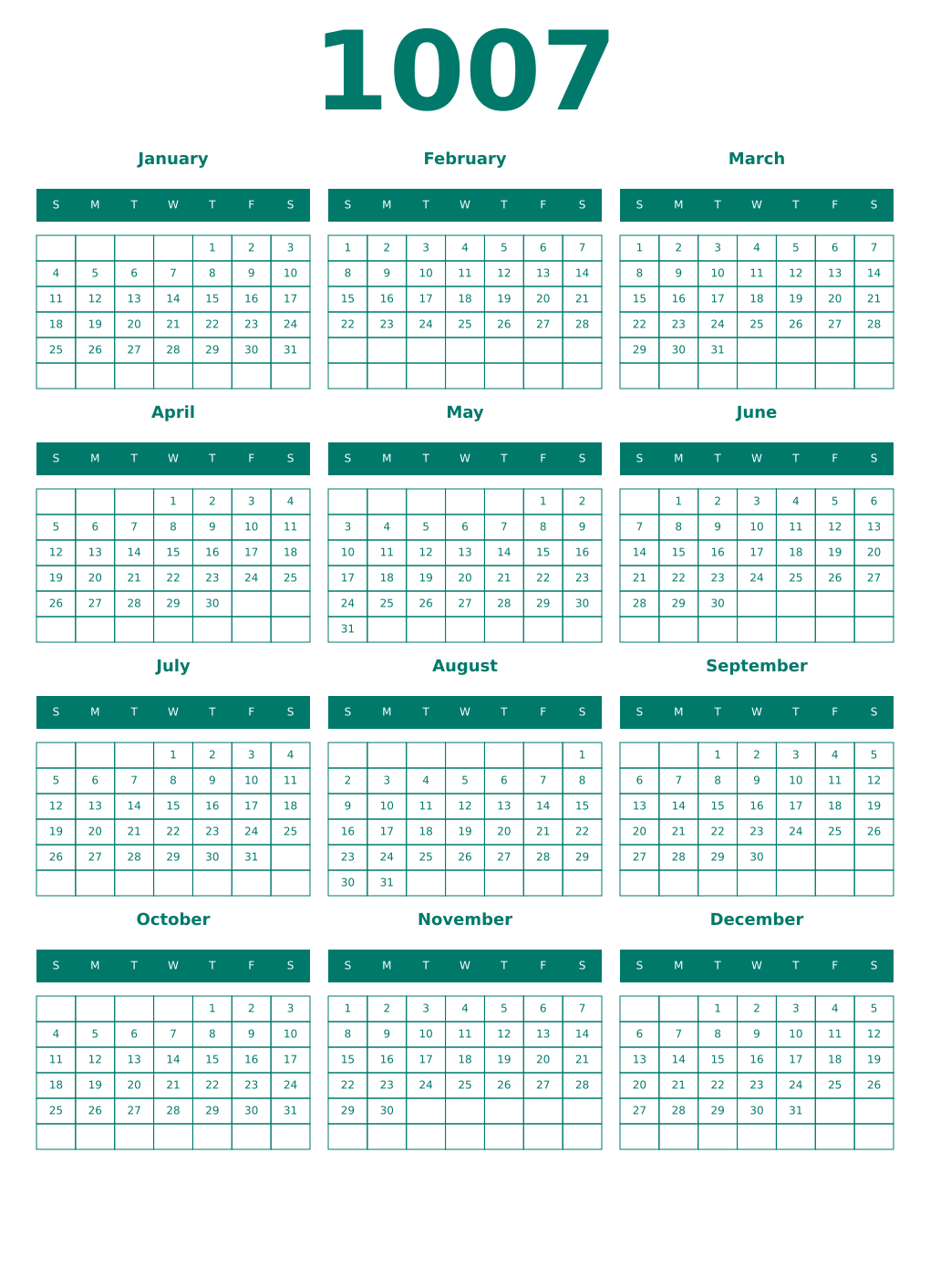 Printable 1007 Year Calendars pastel