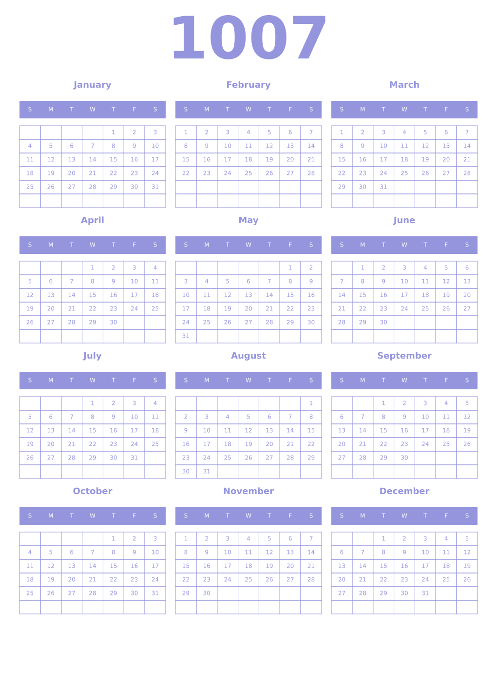 Printable 1007 Year Calendars periwinkle