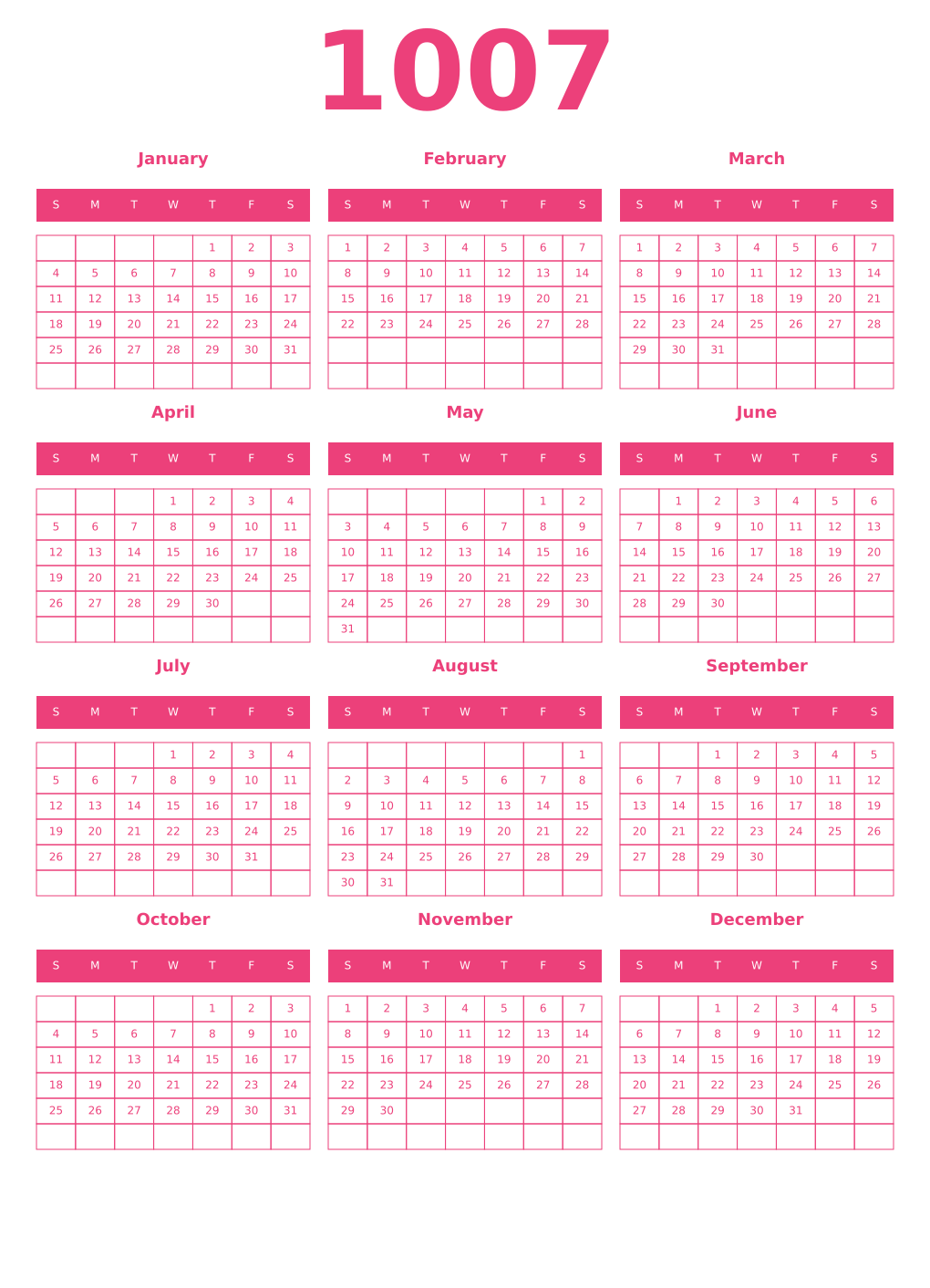 Printable 1007 Year Calendars pink