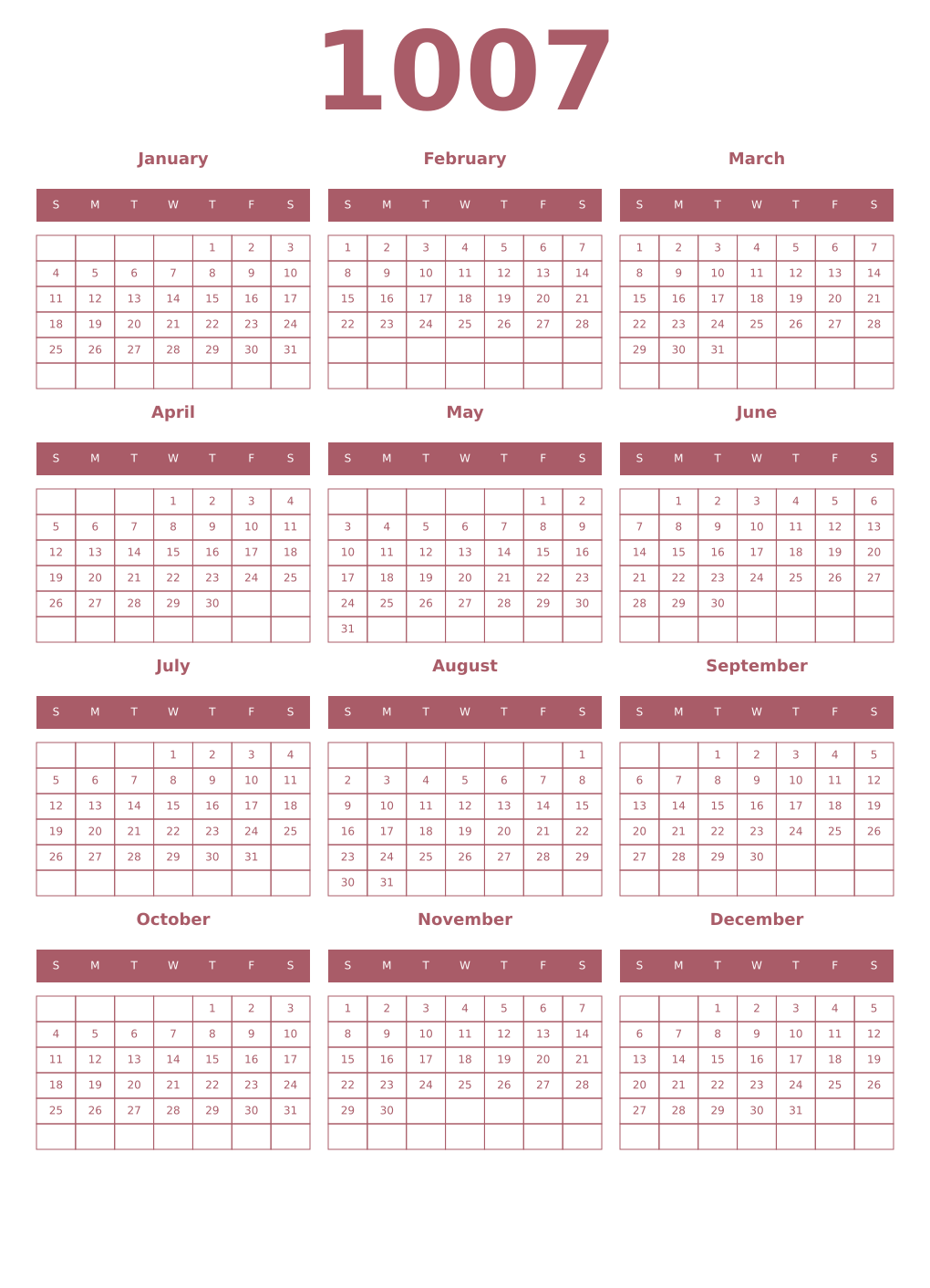 Printable 1007 Year Calendars puce