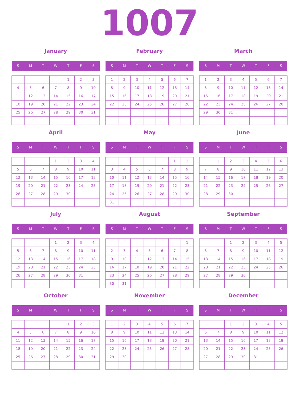 Printable 1007 Year Calendars purple