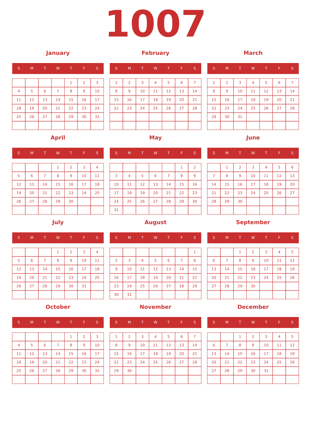 Printable 1007 Year Calendars red
