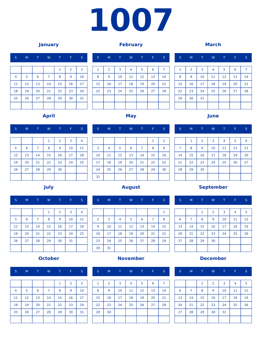 Printable 1007 Year Calendars smalt