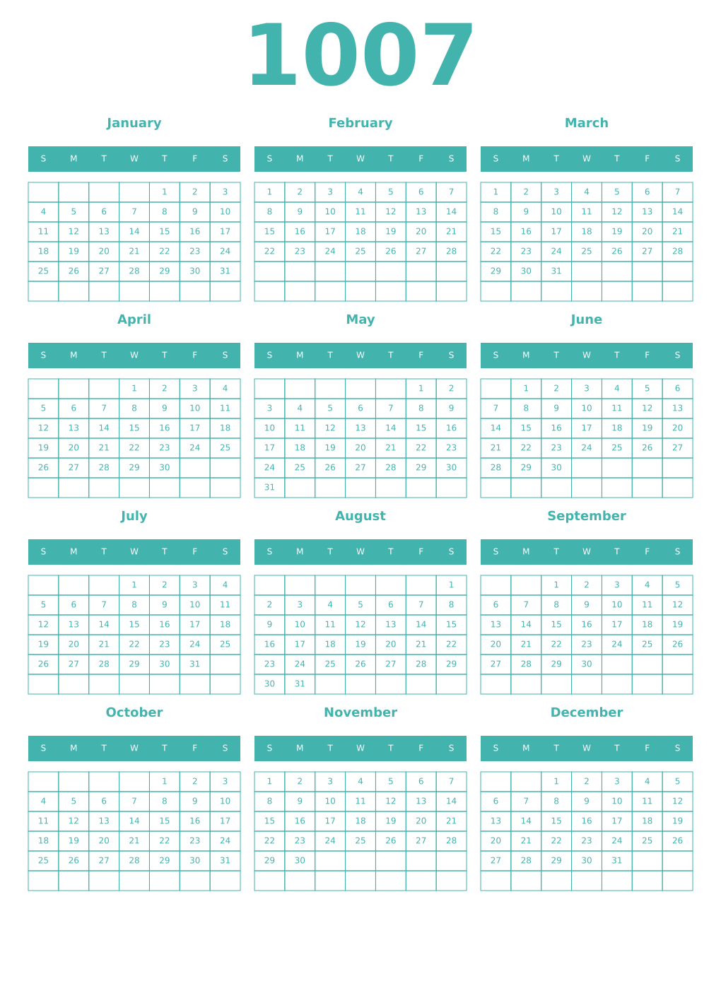 Printable 1007 Year Calendars verdigris