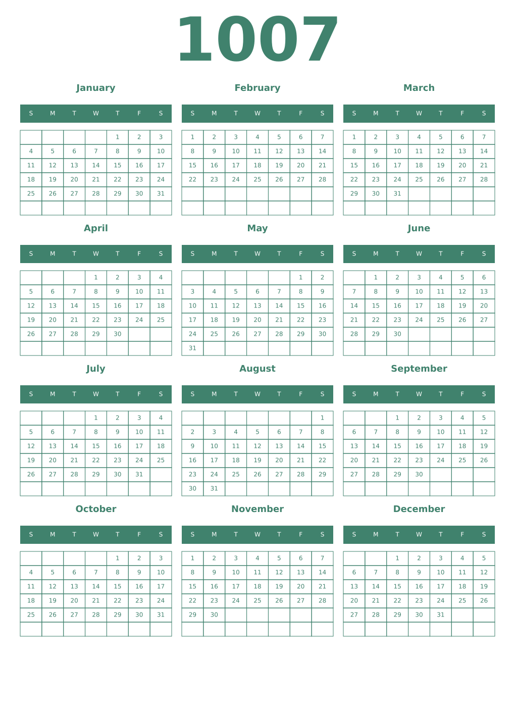 Printable 1007 Year Calendars viridian
